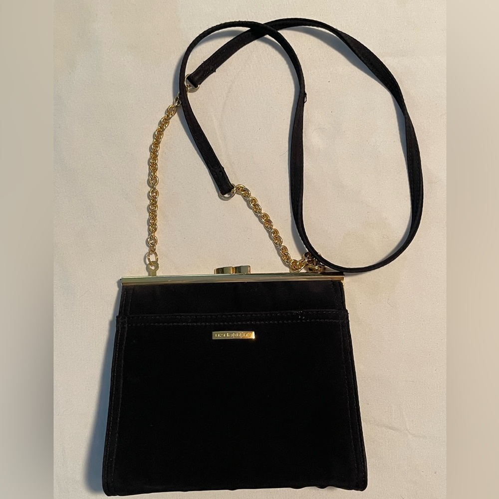 Vintage Liz Claiborne Clutch W Shoulder Strap Black Gold Accents Brushed Satin